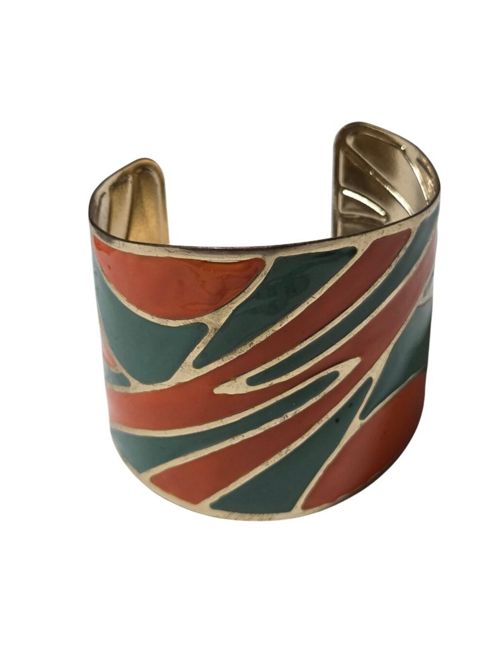 Mid Century Modern Cuff Bracelet Wide Orange Green Enamel Retro Abstract Jewelry
